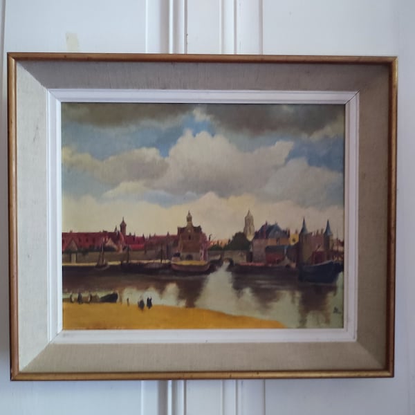 Huile sur carton entoilé "Vue de Delft" marine d'après Vermeer monogrammée SL