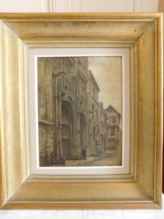 E. POTEAU (19th-20th century) "Portal of the Rouen cathedral booksellers" oil on panel dated 1891