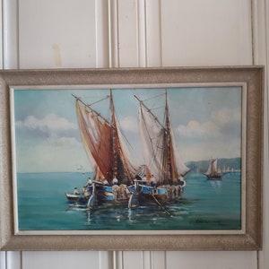 P. WŁODOCZENKO olej na płycie pilśniowej animowany film marynistyczny zatytułowany „Rybacy” około 1950 r. szkoła francuska