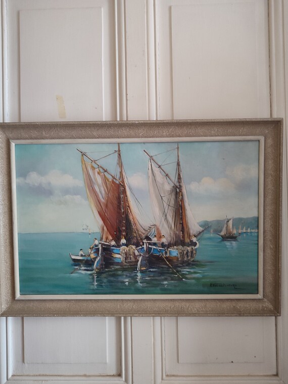 P. VOLODTCHENKO oil on marine hardboard titled "Fishermen" circa 1950 French school