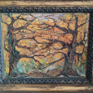 May include: A framed painting depicting two trees with bare branches against a background of yellow, orange, and green hues. The trees are painted in a stylized, abstract manner, with thick, dark lines representing the branches.