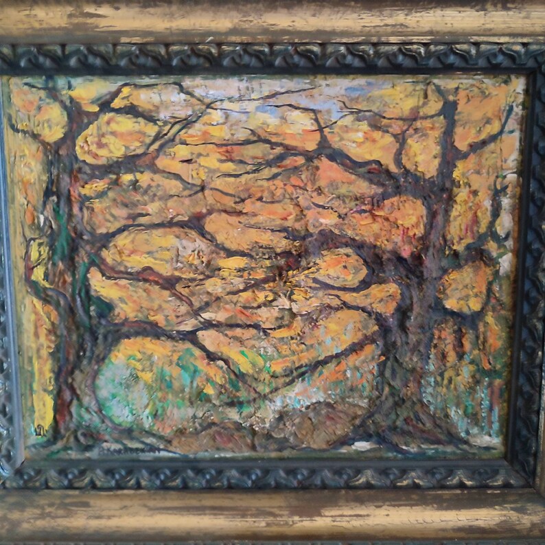 May include: A framed painting depicting two trees with bare branches against a background of yellow, orange, and green hues. The trees are painted in a stylized, abstract manner, with thick, dark lines representing the branches.