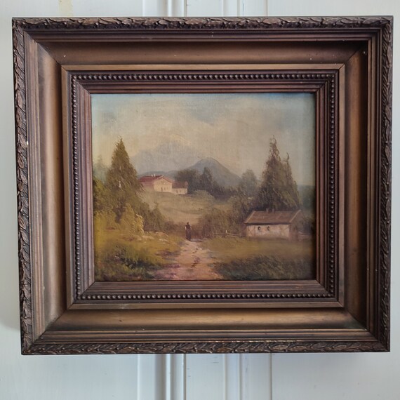 Anonymous oil on canvas "Animated countryside landscape with farmhouses" stuccoed frame