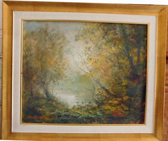 Michel CORNU (1950- ) "Autumn" forest landscape oil on canvas gilded wood frame