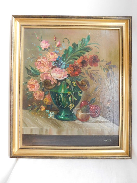 Splendid morra bouquet of roses in a vase and fruit cup gilded wood frame French school