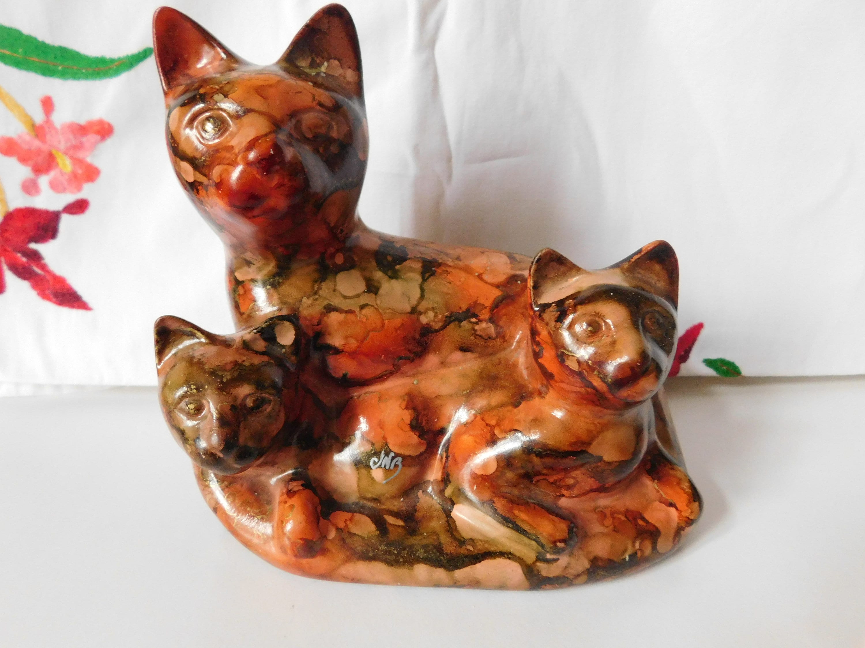 Jean Noël Bouillet Groupe Verre Laqué Chatte et Ses Deux Chatons Pièce Unique