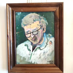 VAN DER  LOO (1911-1996) gouache sur carton "Vieil homme aux lunettes " cadre bois verni