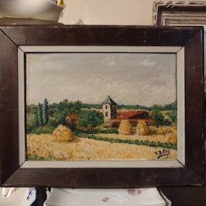 R. DUBÈS (20th century) oil on panel &quot;Country landscape with haystacks&quot; Drôme
