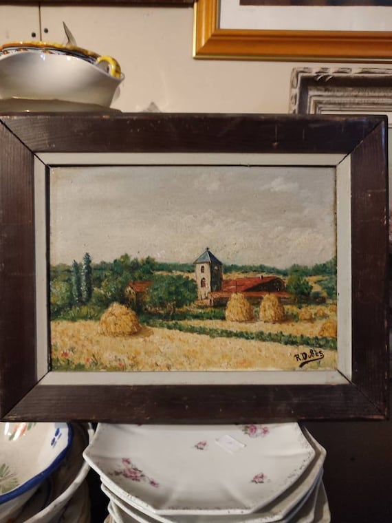 R. DUBÈS (XXth) oil on panel "Landscape of countryside haystacks" Drôme