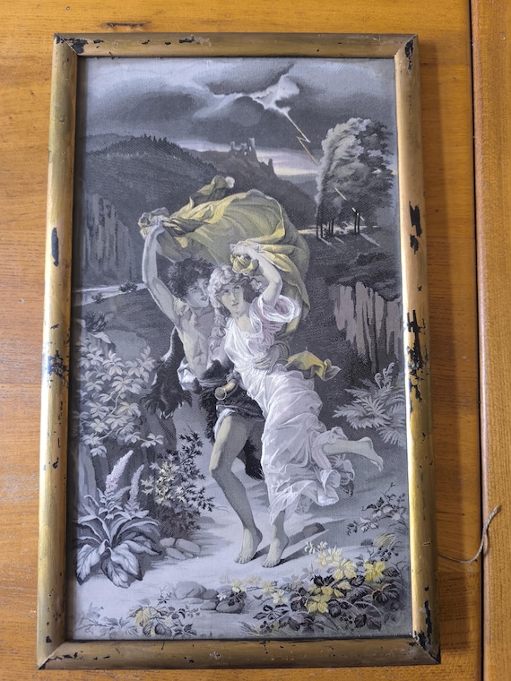 Neyret Frères? woven silk "The Storm" after Pierre Auguste Cot framed under glass