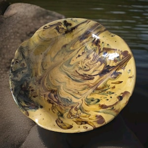 Large glazed terracotta dish, Cluny pottery? Savoy? signed salad bowl, French ceramic bowl