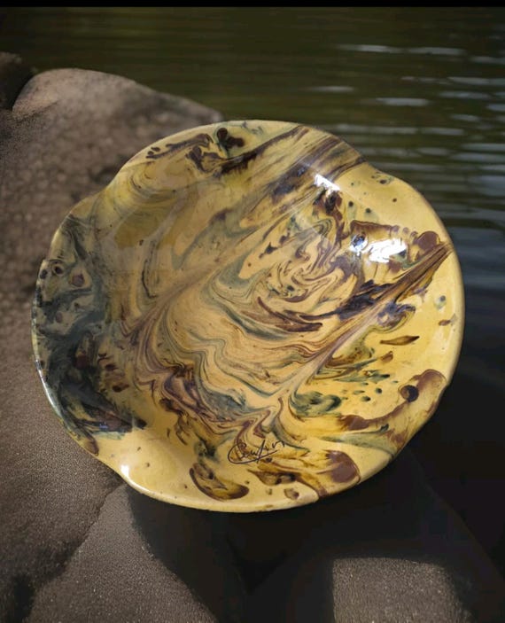 Large glazed terracotta dish, Cluny pottery? Savoie? signed salad bowl, French ceramic cup