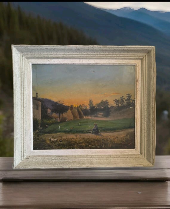 AMOUROUX oil on canvas "Farmer's landscape and her hens" dated 1893 framed French painting