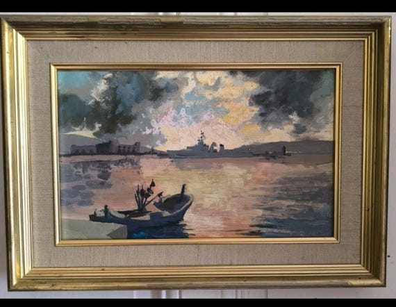 Henri PLISSON (1908-2002) oil on marine canvas "Backlight at Cyros" gilded wood frame