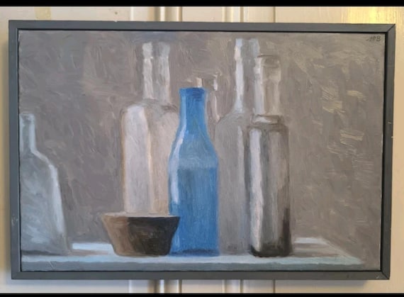 Oil on canvas by Mireille Besson (1931- ) "Still Life with Bottles and Cup" French school, framed