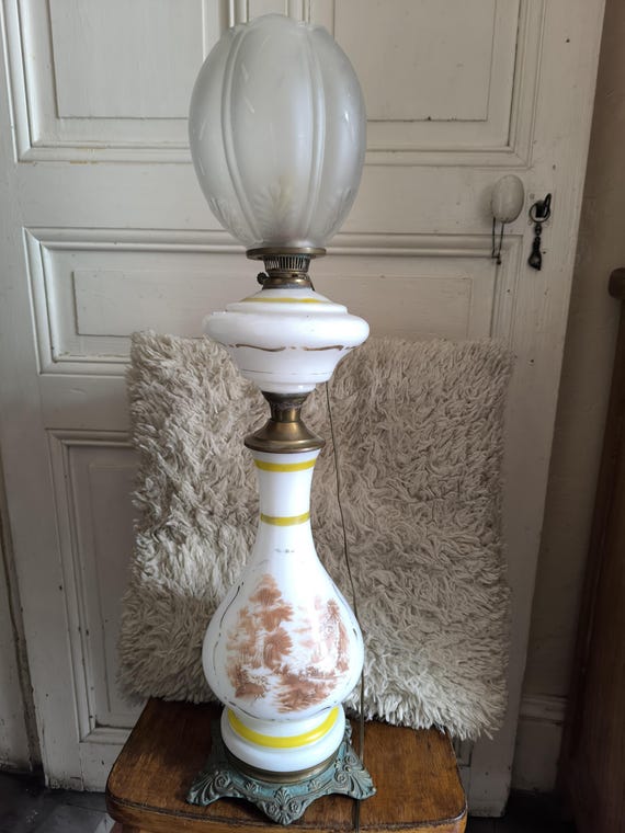 Bronze and white opaline oil lamp with electrified landscape decor and tulip