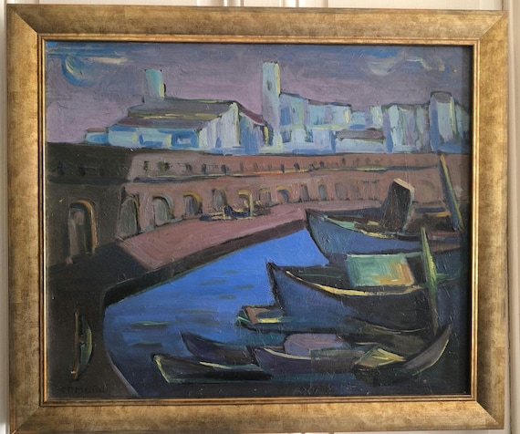 Tableau Ulysse CAMBRAI (1904-1967) Huile sur panneau "Port dans la nuit" artiste français coté Akoun