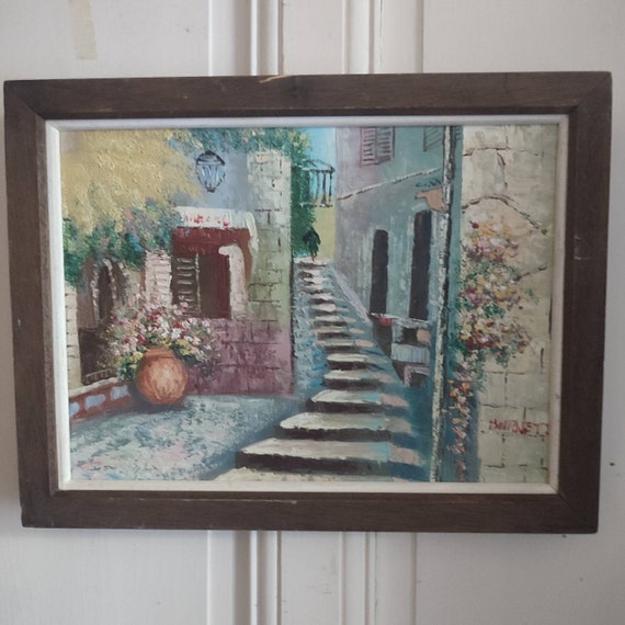 BURNETT (XXth) View of a Provençal village oil on canvas with wooden frame
