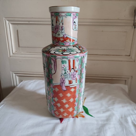 Large Canton porcelain scroll vase decorated with genre scenes, flowers, birds and gilding