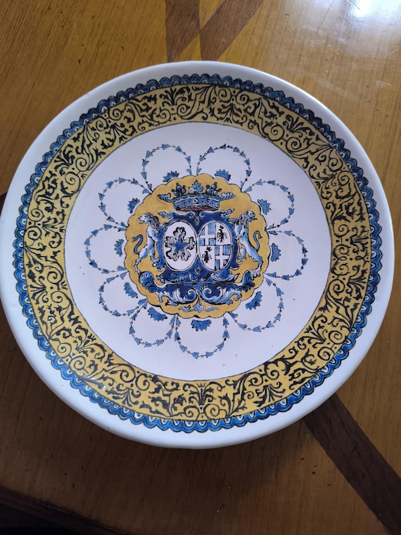 Rouen earthenware plate from the service with the coat of arms of the Marquis de Saint-Evremont 1874 French earthenware