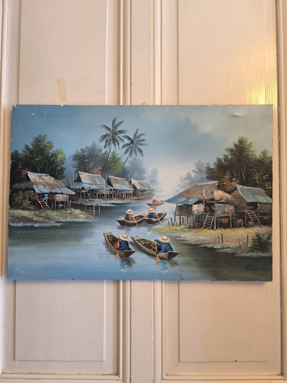 Oil on Canvas "Vietnamese Floating Market" - Traditional Life Scene - Exotic Tropical Landscape - Signed PICHN