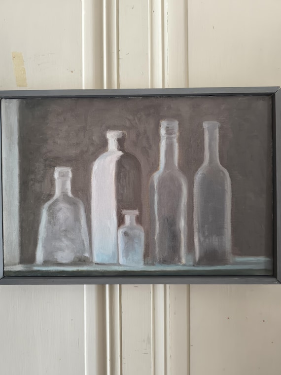 Oil on canvas by Mireille Besson (1931- ) "Still Life with Bottles and Flask" French school, framed and dated 2004