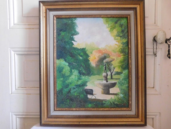 Jean VIOT (XXth) "Park with fountain and wood" oil on canvas framed