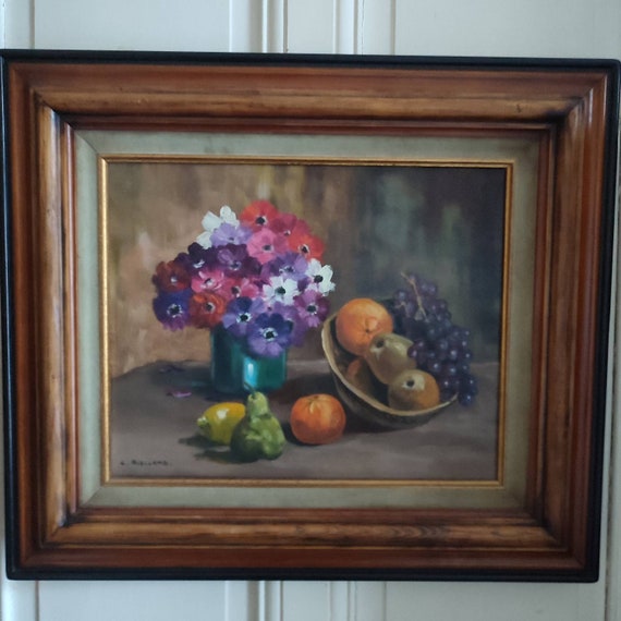 Christophe Rielland (1932 -) oil on canvas French school 20th century still life with flowers and fruits