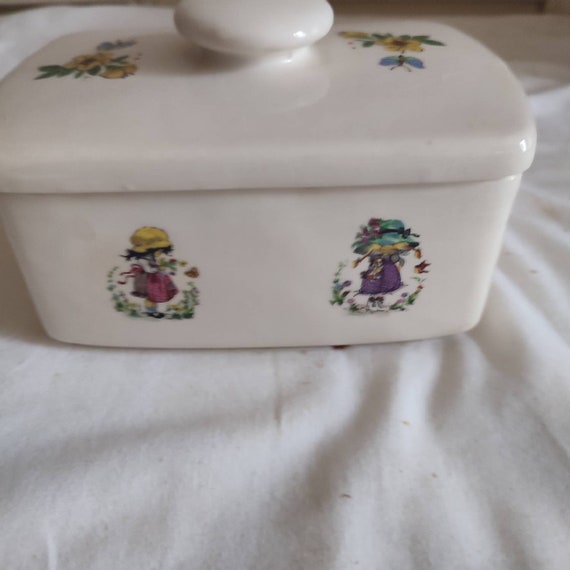 Secla Portugal earthenware butter dish decorated with little girls, flowers, butterflies and birds