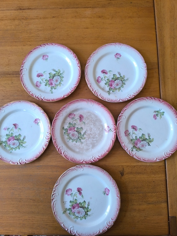 Opaque Gien porcelain six beautiful dessert plates decorated with rose 1886-1938 number two