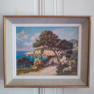 Huile sur carton "paysage Côte d'Azur berger et mouton"monogrammée SL