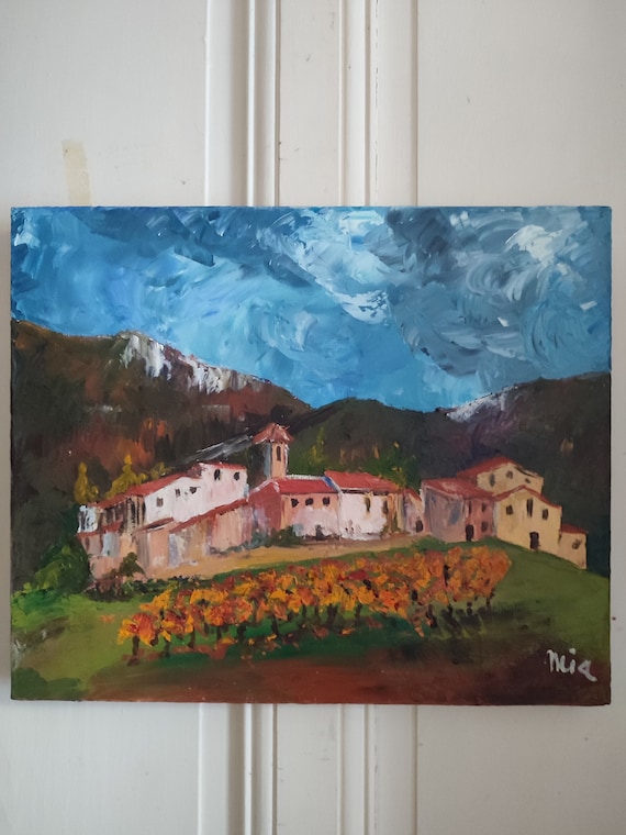 MIA (20th century) "Mountain village and vineyards" oil on canvas French school 38 x46 cm