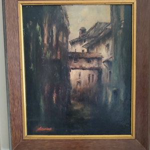 DEVAUX huile sur carton paysage de ruelle médiévale école française