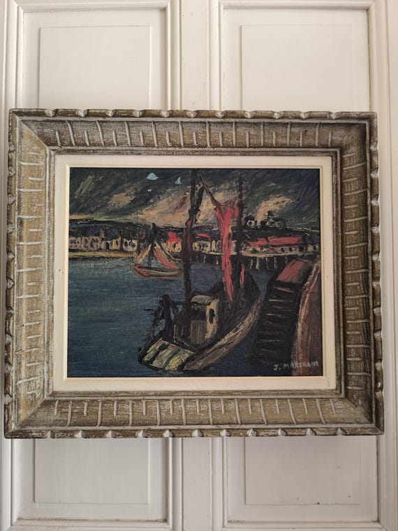 J MARCHAND (20th century) oil on canvas "Boats in port" frame Montparnasse French school