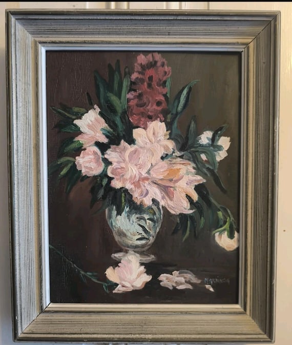 Spring bouquet of peonies and hyacinths oil on canvas board signed MARTINON framed French painting