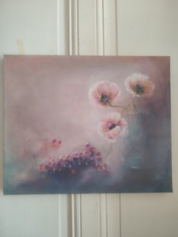Josette FOURNIER oil on canvas "Still life with anemones in a vase and grapes" French school frame