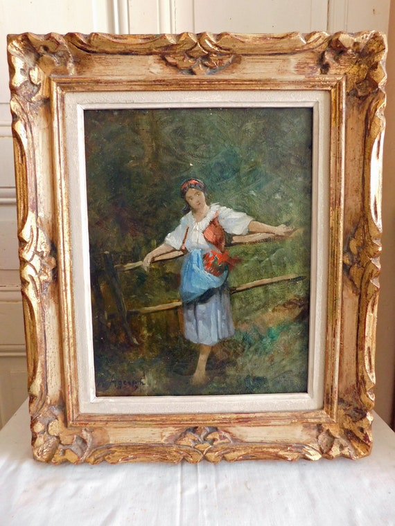Louis Noel AGERON (1865-1935) "Young girl with flowers" oil on canvas beautiful frame gilded French school
