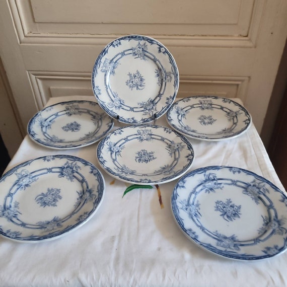 Sarreguemines set of six earthenware dessert plates Cérès model blue flowers decoration French earthenware number 2