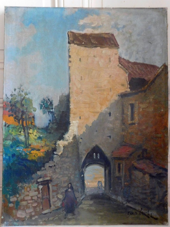 CARLOTI (20th century) oil on canvas view of old lively village 46 x 61 cm French school