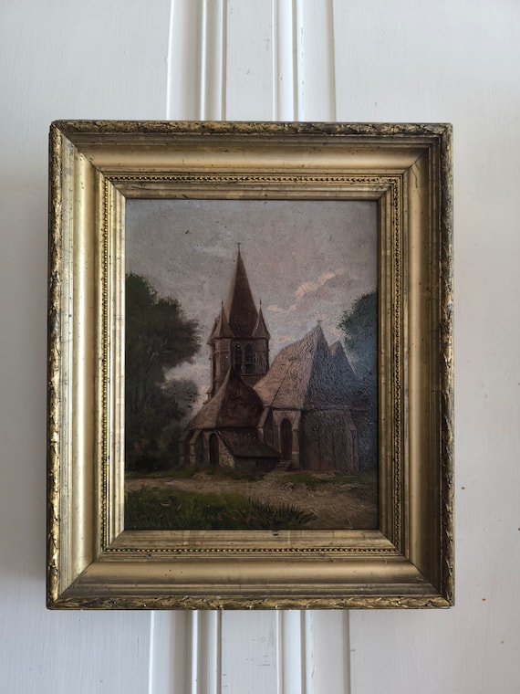 Léonie CONTAT (1878-1969) oil on cardboard "Church view" Swiss school gilded stuccoed wood frame