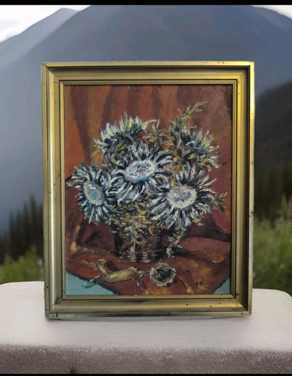 N.BOULIER oil on canvas "Still life with bouquet of thistles" gilded wooden frame