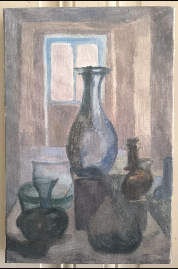 Oil on canvas Mireille BESSON (1932- ) "Display case of carafes and glassware" French school