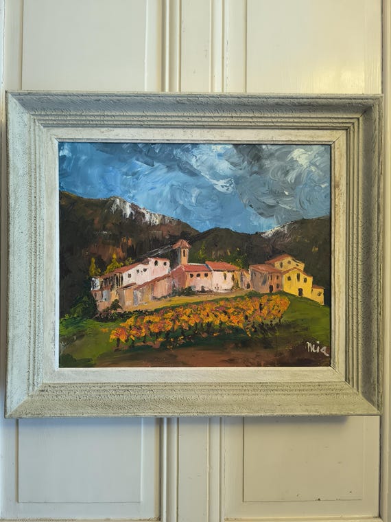 MIA (20th century) "Mountain village and vineyards" oil on canvas French school Montparnasse frame