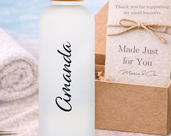 Personalized Glass Water Bottle - Eco-Friendly Bamboo Lid frosted