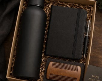 Men's Gift Set: Matte Water Bottle, Journal, Beard Comb, Pen