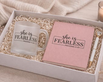 Gift box - "She is Fearless" Christian journal and glass mug