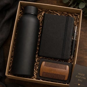 Men's Gift Set: Matte Water Bottle, Journal, Beard Comb, Pen