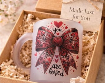 Frosted Glass Mug, You Are Loved, Mother's Day Gift, Heart Bow Design,