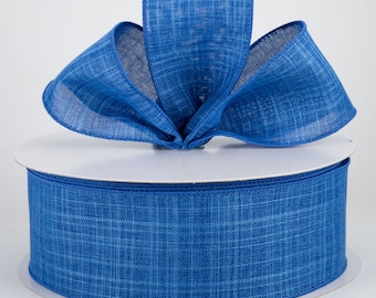 2.5" Royal Blue Estelle Textured Linen Wired Ribbon, Craft Ribbon, Blue Bow Making Ribbon, Wreath and Floral Supply Wired Ribbon, 5 YARDS