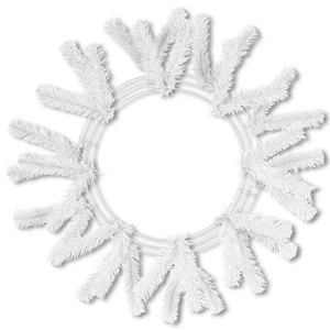 May include: A white artificial wreath with a circular frame and fluffy, snow-like branches extending outwards. The wreath is designed for holiday or seasonal decor, offering a clean, bright aesthetic. The wreath's diameter is approximately 12 inches.